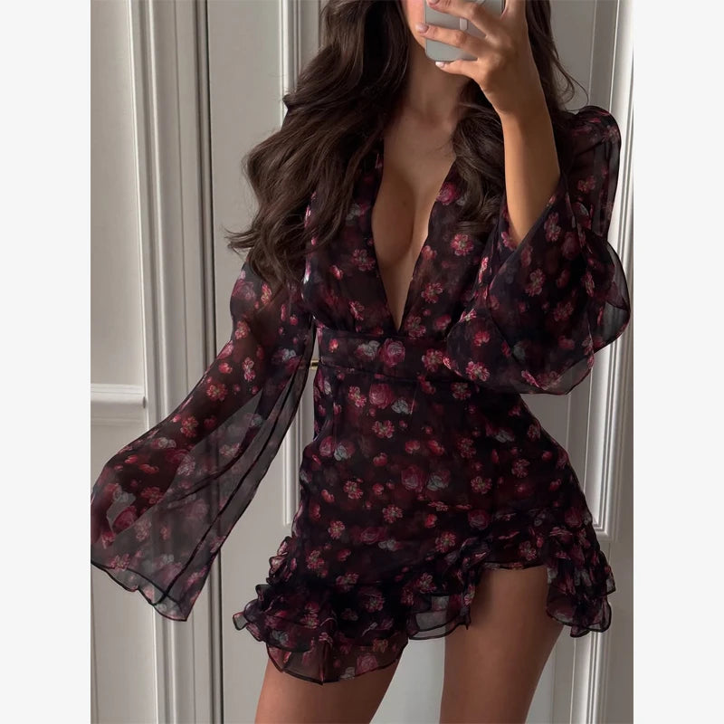 Flora Painted Ruffle Mini Dress Women Elegant Full Sleeve Deep V-neck Slim A-line Dresses 2026 Lady Holiday Street Outwears New