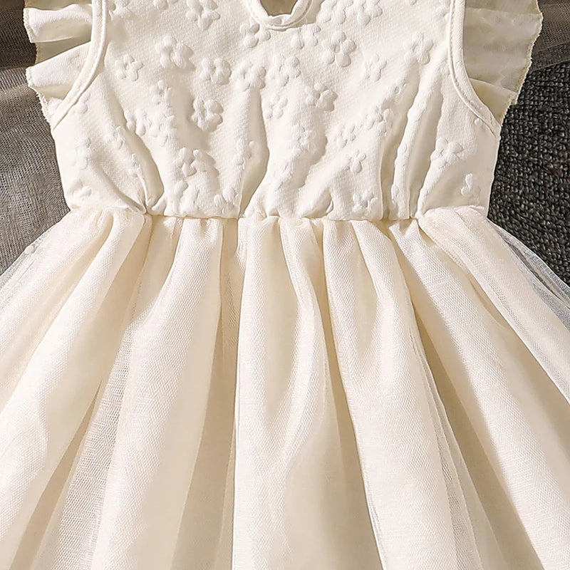 Kids Princess Dress For Girls O-Neck Wing-Sleeve Bowknot Floral Print Embroidery 4-7 Years Summer Sweet Birthday Party Clothing