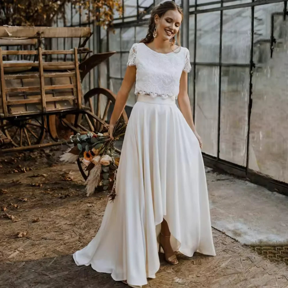 Customized Two Piece Lace Boho Wedding Dress Crop Top Princess Scoop Buttons Cap Sleeves High Low Maxi Beach Chiffon Bridal Gown