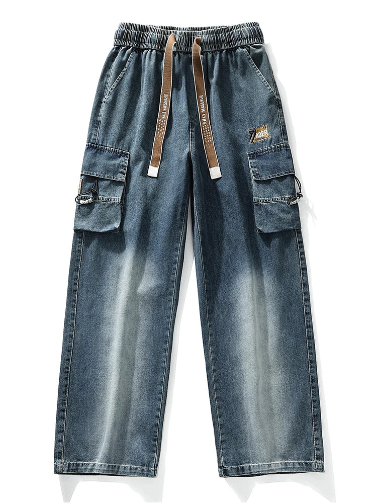 Summer Men's Straight Jeans Multi-Pockets Wide Leg Denim Cargo Pants 8XL 7XL 6XL Big Size Lightweight Baggy Jeans Trousers
