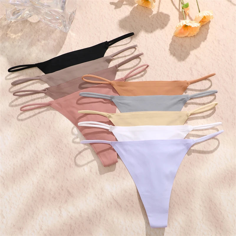 5PCS Seamless Underpants Women Ice Silk Thongs Sexy Low Waist Bikini T-back Female Solid Color Traceless G-String Panties XS-XL
