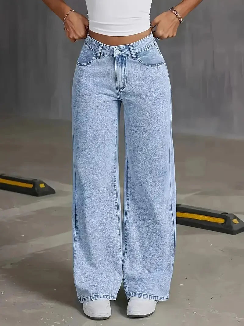 plus Size Women's Wide Leg Jeans Washed Elastic Casual Loose Fit Ladies Denim Pants Comfortable Stretchy Trousers