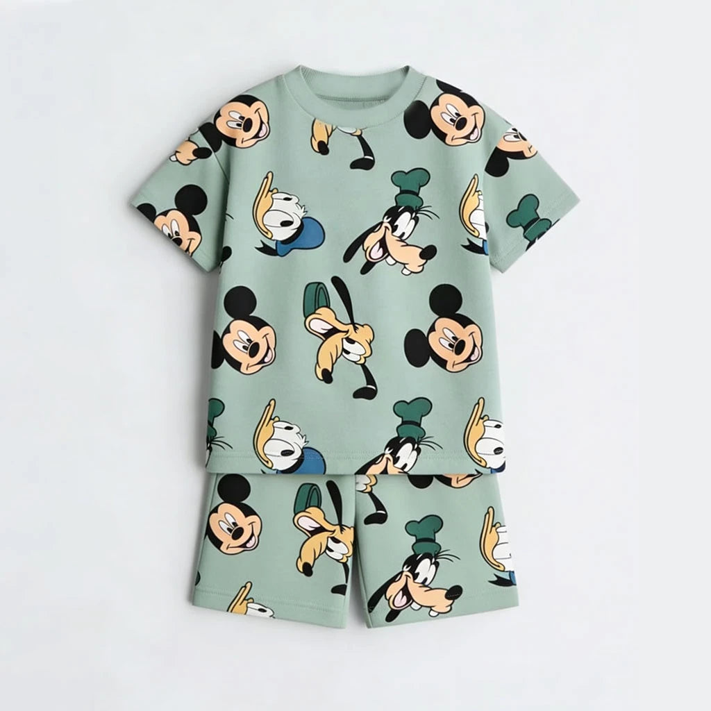 Disney Mickey Children's Sports Set Cartoon Fashion Loose Girl Baby Boy Short Sleeve Round Neck T-shirt+shorts Two Piece Set