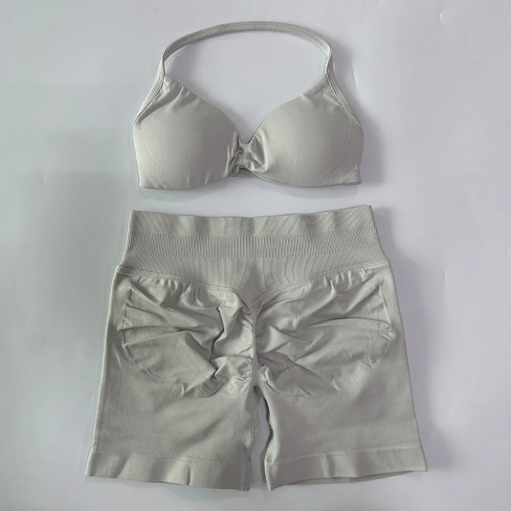 NO LOGO 2PCS Gym Set Women Strappy Yoga Bra Top High Waist Workout Scrunch Shorts Sports Suit Seamless Yoga Set Fitness Clothes