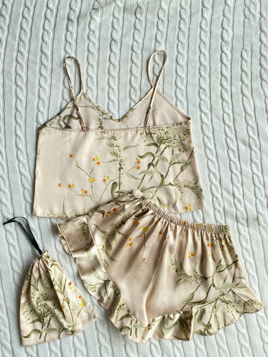 Elegant Floral Print Cami Tops Ruffle Hem Shorts Pajama Set  Women's Sleepwear Loungewear