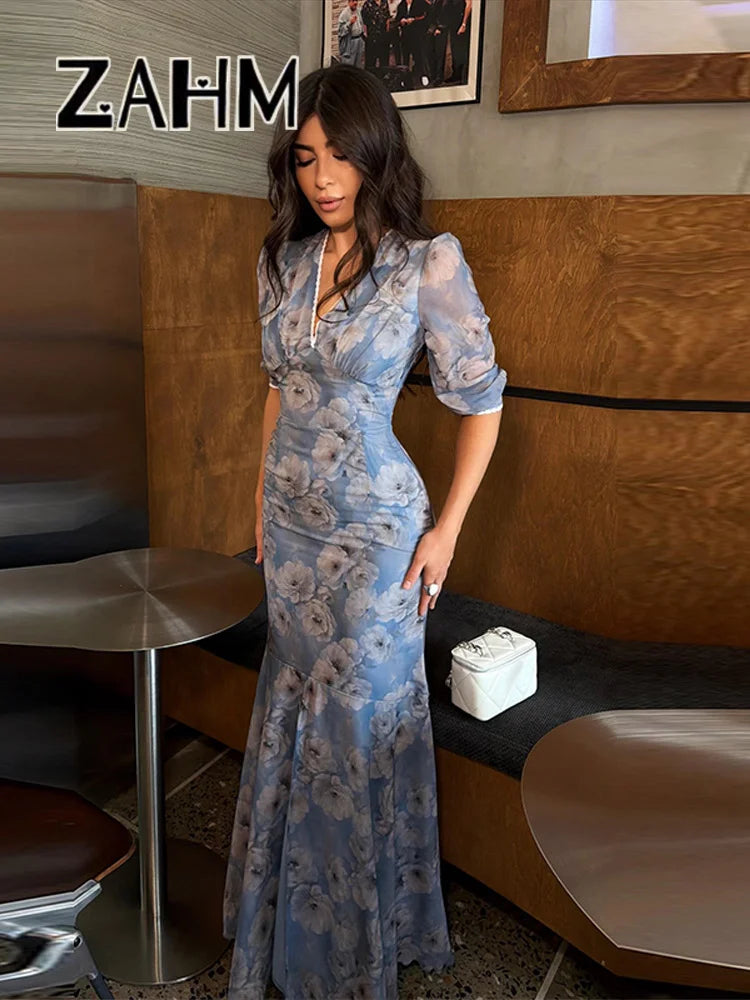 Elegant Print Women Long Dress Fashion Trumpet Pleated Short Puff Sleeve V-neck Female Dresses 2026 Summer Beach Lady Robe New