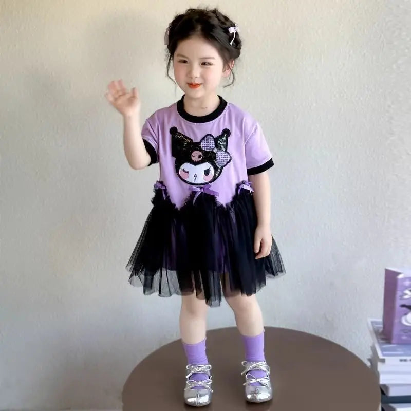 kuromi Princess Style Short Sleeve Dress for Girls Baby Mesh Skirt Summer New Arrival Children's Clothing Casual Daily Skirt
