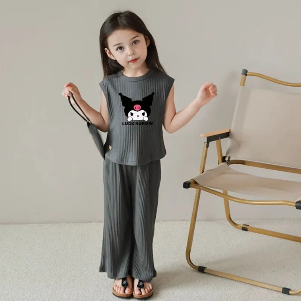 2026 Summer Kuromi Anime Kawaii Baby Ice Silk Sleeveless Vest Top Pants Two Sets Cute Cartoon Children Clothes Gifts for Kids