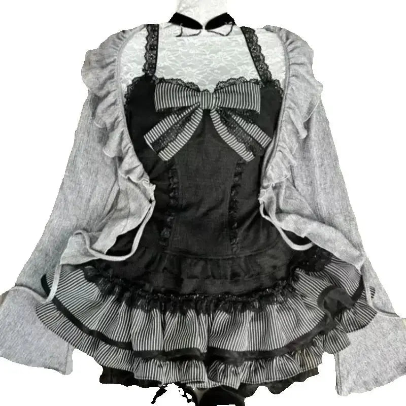 Sweet Lolita Early Autumn Three Piece Set Lace up Ruffles Cardigan Sexy Slim Fit Strapless Vest Tops High Waist Ruched Skirts