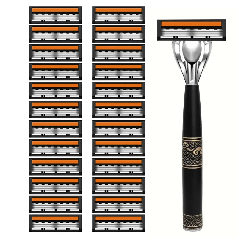 Men's 3-Blade Manual Razor with Non-Slip Handle and Multiple Replacement Blades - Ideal for Trimming Beards and Mustaches