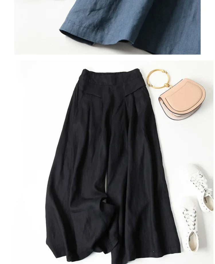 2026 Summer Women's Culottes Cotton Linen Cropped Wide Leg Pants Elastic Waist Casual Palazzo Trousers with Pockets
