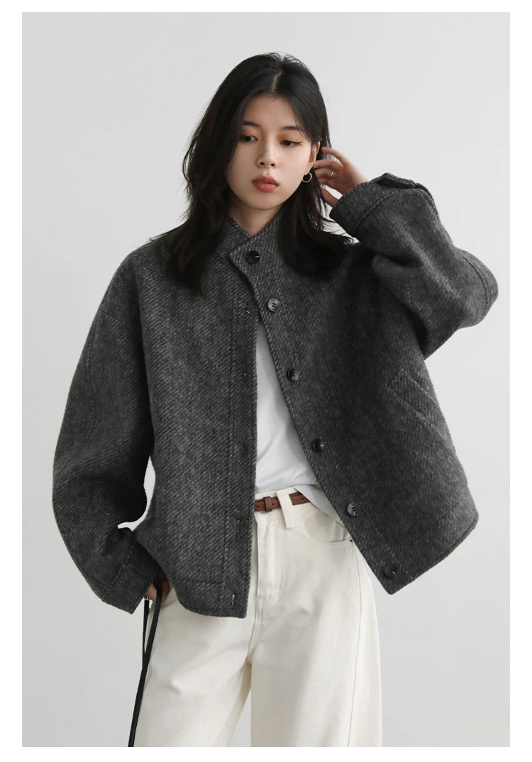 CHIC VEN Women Short Woolen Coat New Stand Up Twill Texture Single Breasted Ladies Jacket Retro Woman Outwear Autumn Winter 2025