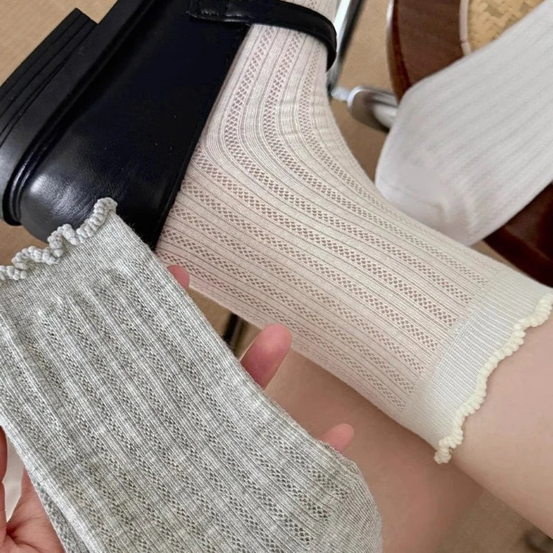 5/10 Pairs Women Solid Color Mesh Mid Tube Socks Summer Lightweight Breathable Fashionable Wavy Edge Ballet Style Casual Socks