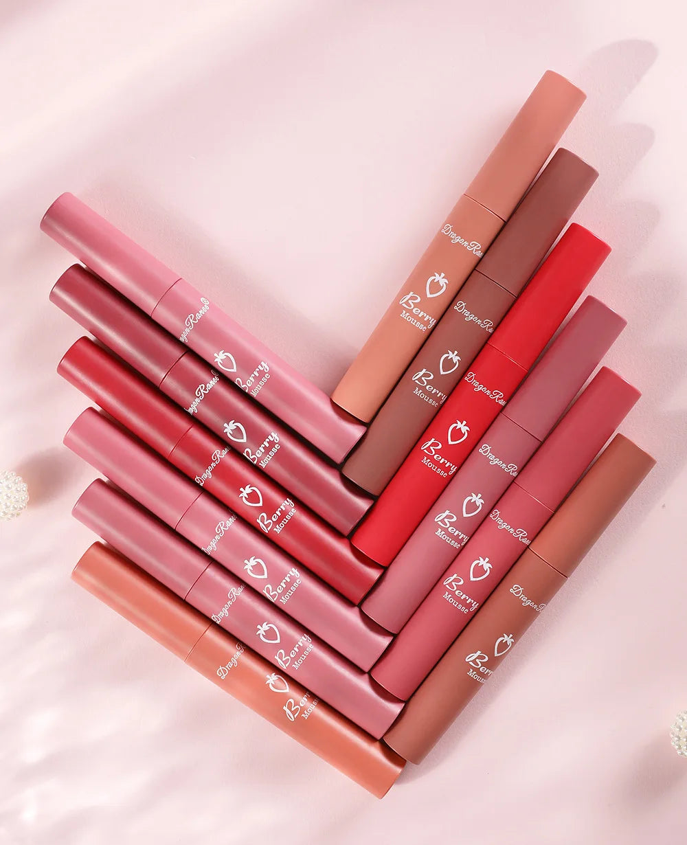 Dragon Ranee 12 Color Matte Lip Gloss Velvet Texture Waterproof Moisturize Lip Gloss Lasting Non-stick Cup Fashion Cosmetics 5ml