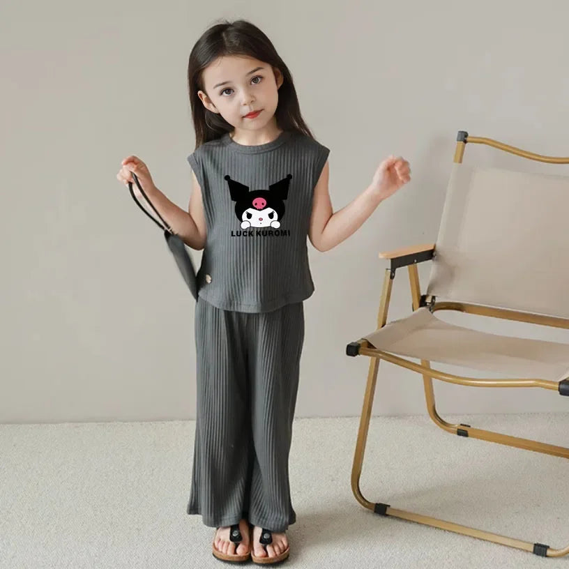2026 Summer Kuromi Anime Kawaii Baby Ice Silk Sleeveless Vest Top Pants Two Sets Cute Cartoon Children Clothes Gifts for Kids