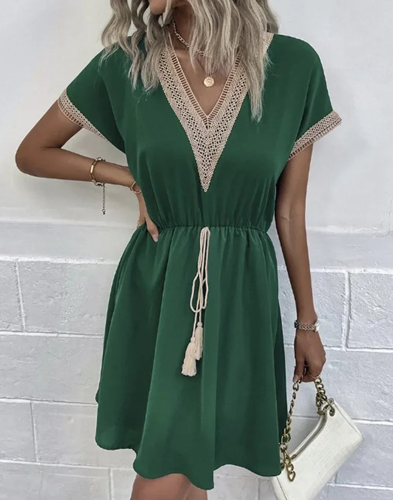 Summer Solid Short Sleeve Lace V Neck Waistband Female Beach Midi Short Dress Elegant Women's Sweet White Solid Color Dresses
