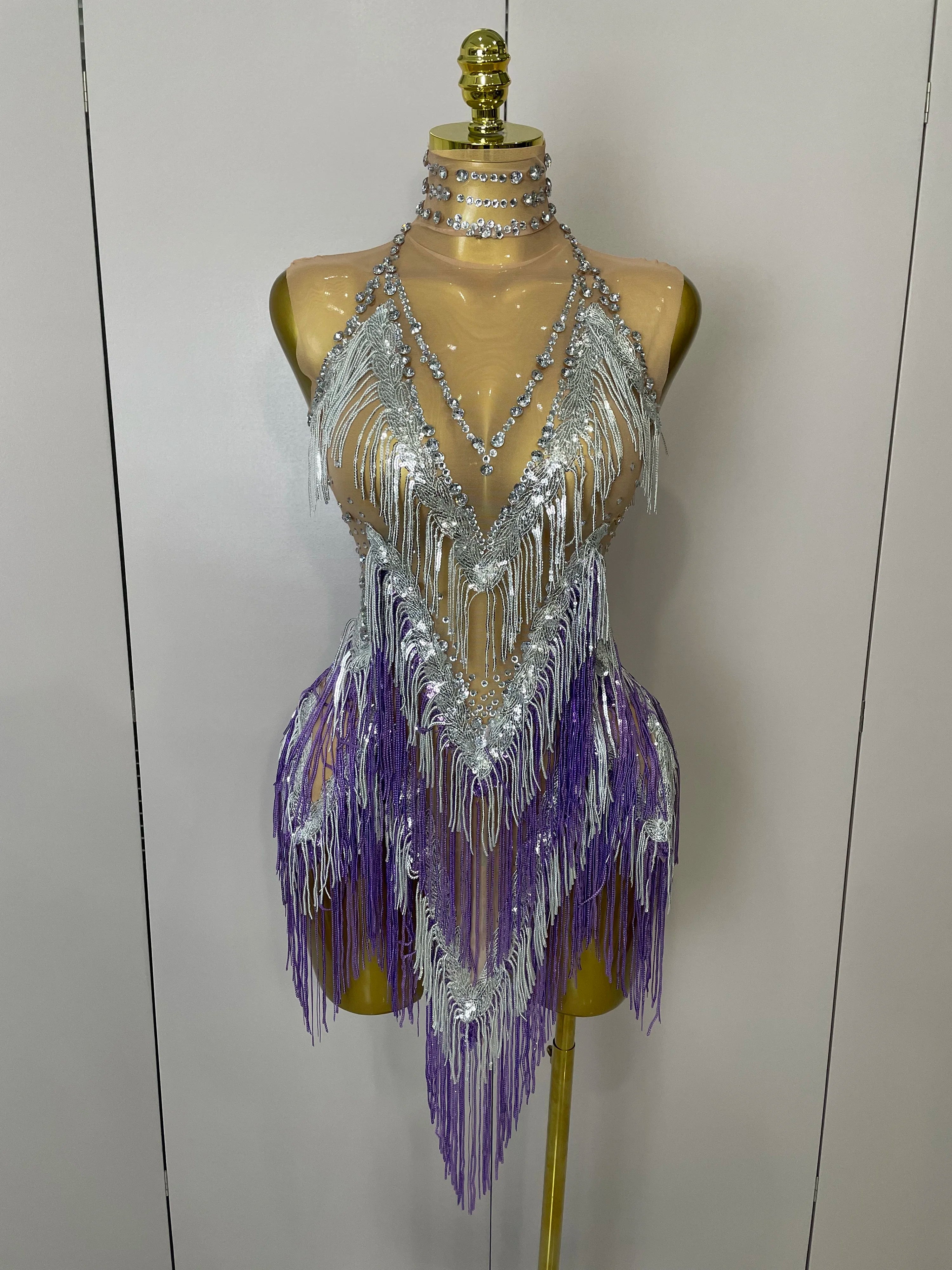 Stock 2025 Women Sexy Stretch Mesh Sparkly Rhinestone Tassels Mini Dress Nightclub Singer Dance Stage Costume Evening Gowns