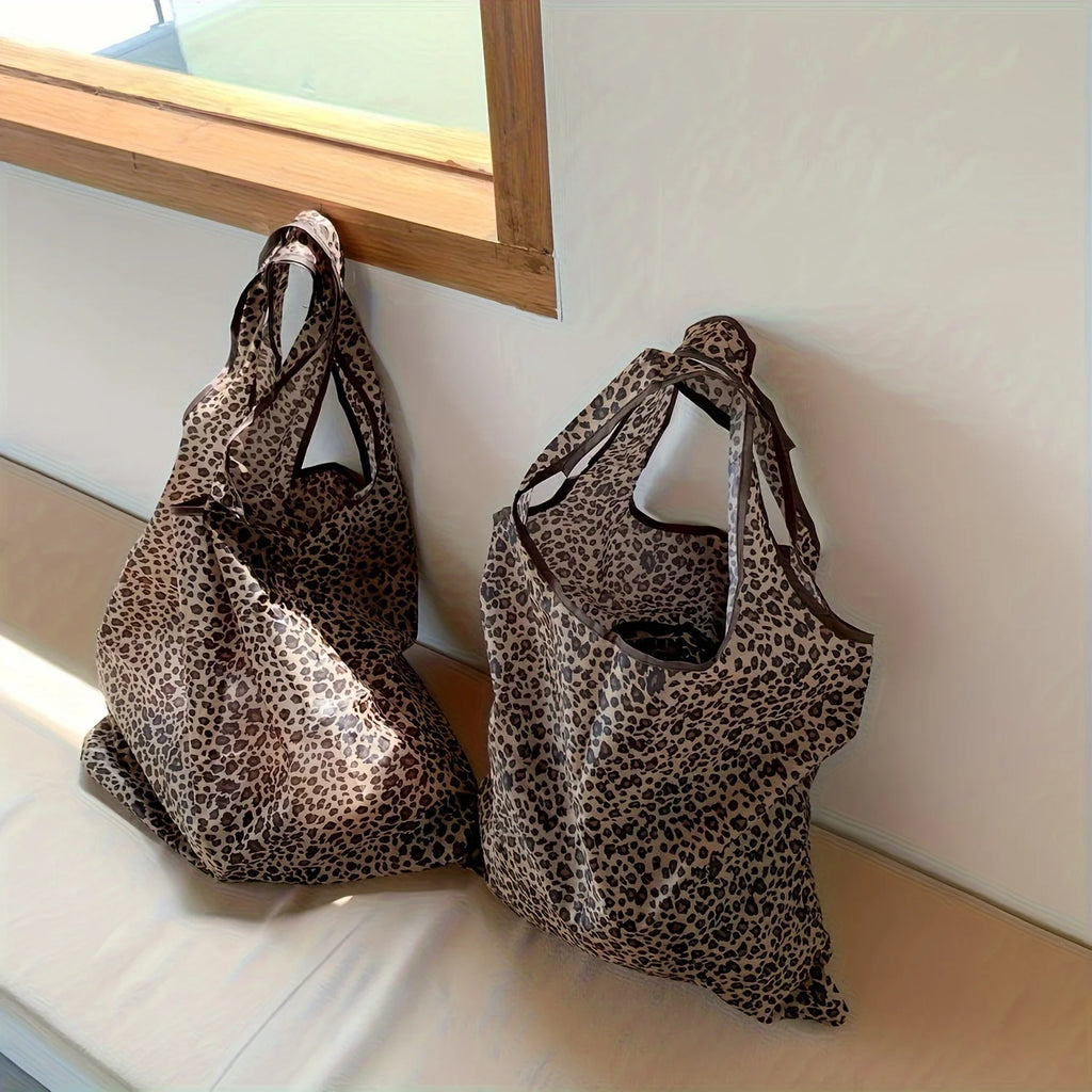 Leopard Print Foldable Tote Bag Lightweight Polyester Leak-Proof Reusable for Shopping Travel Work