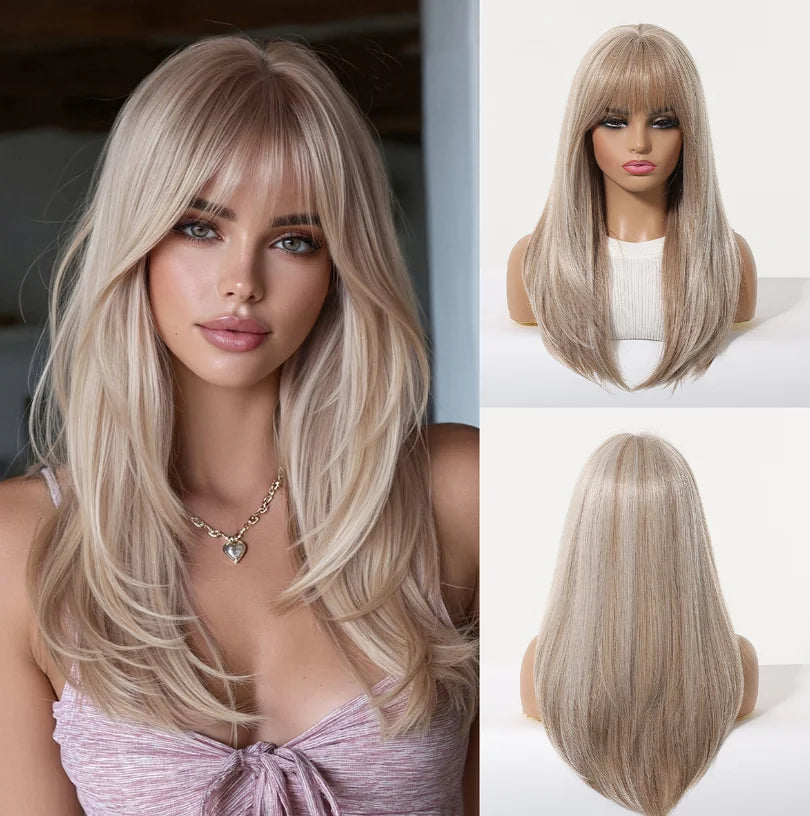 ALAN EATON Long Brown Highlight Synthetic Wigs Layered Straight Hair Wig Realistic Fake Hair for Daily Wear High Temperature Wig
