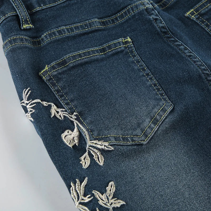 Retro Y2k Jeans Baggy Floral Embroidery Jeans Women Vintage 2000s Low Rise Flared Denim Pants High Street Basic Trousers