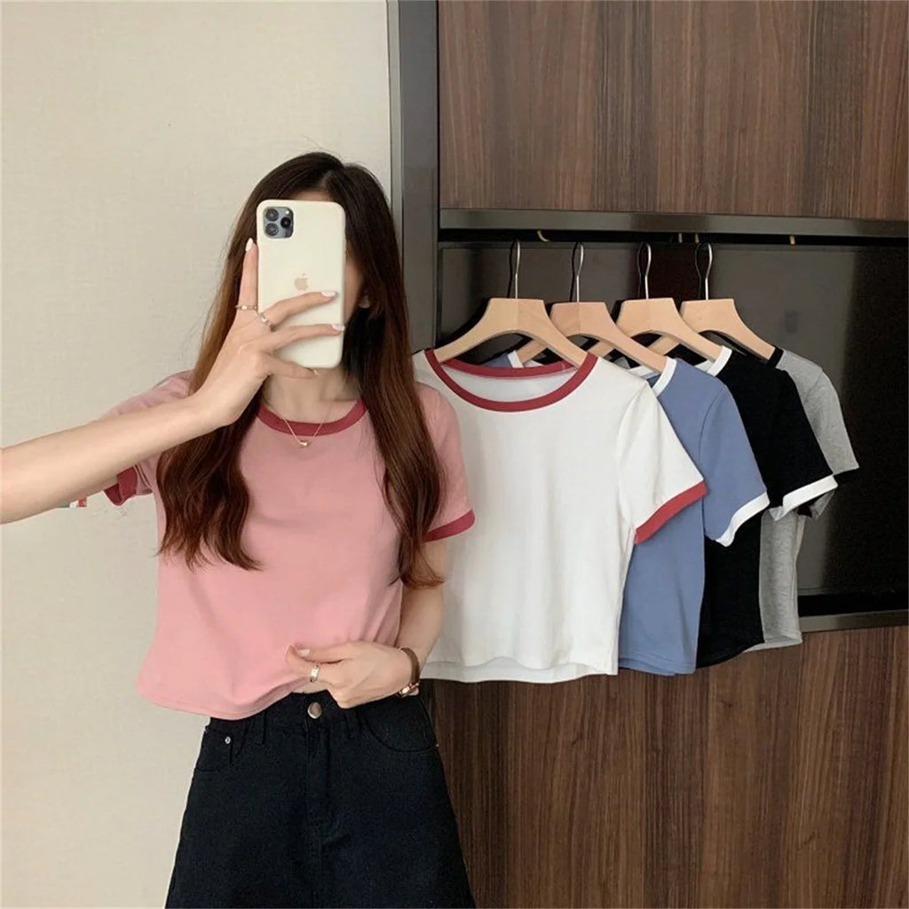 Fashion Patchwork T-shirts Women Basic Tee Casual Oversized Tops Quality Unisex Short Tshirts Tees Girl Summer Clothing Tops