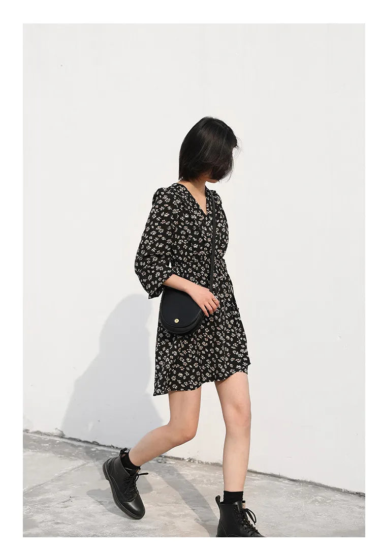 CHIC VEN New Women Dresses Long Sleeved Retro V-neck Black Floral Female Dress Elastic Waisted Lace Up Spring Summer 2026