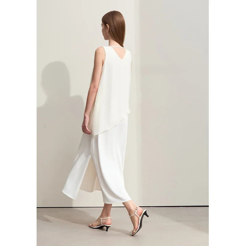 Amii Minimalism 2024 Women Dresses Summer New Vacation Style V-neck Spliced Chiffon Female Sleeveless Loose Dress 12452102