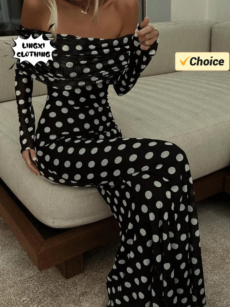 Summer Fashion Vacation Style Fashion Party Women's Long Elegant One Shoulder Wave Dot Print Slim Fit Sexy Long Retro Dresses