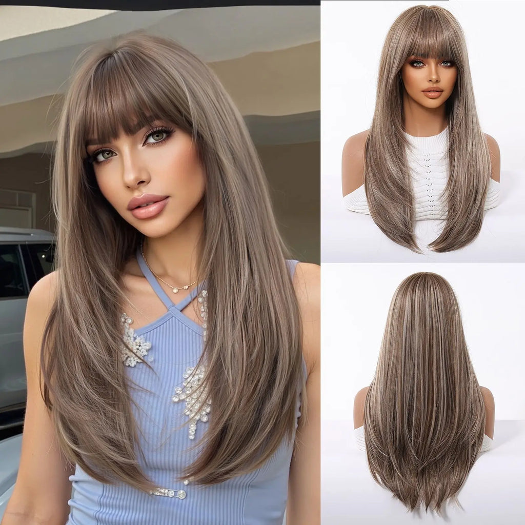 ALAN EATON Long Brown Highlight Synthetic Wigs Layered Straight Hair Wig Realistic Fake Hair for Daily Wear High Temperature Wig