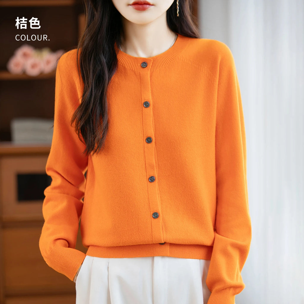 Classic Merino Wool Woman Sweater Basic Female Autumn Winter Knitted Cardigan Elegant Ladies Cashmere Long Sleeve Clothing Tops