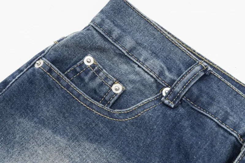 American retro washed letter spliced denim trousers high street trendy brand couple loose straight micro-flared long trousers