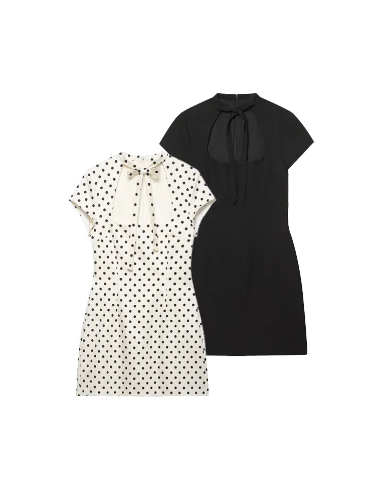 Cut Out Front Bow Tie Mini Dress, Women's Polka Dot Short Sleeve Bodycon Dress, Spring Summer Sexy Fashion Party Dress