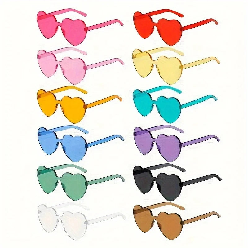 15pcs Heart Shaped Rimless Sunglasses Women Men Cute Cat Eye Candy Color One Piece Shades Sun Glasses Party Eyeglasses UV400