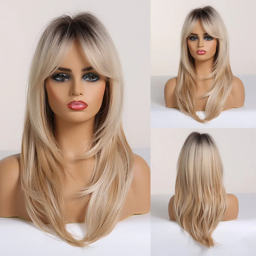 ALAN EATON Long Brown Highlight Synthetic Wigs Layered Straight Hair Wig Realistic Fake Hair for Daily Wear High Temperature Wig