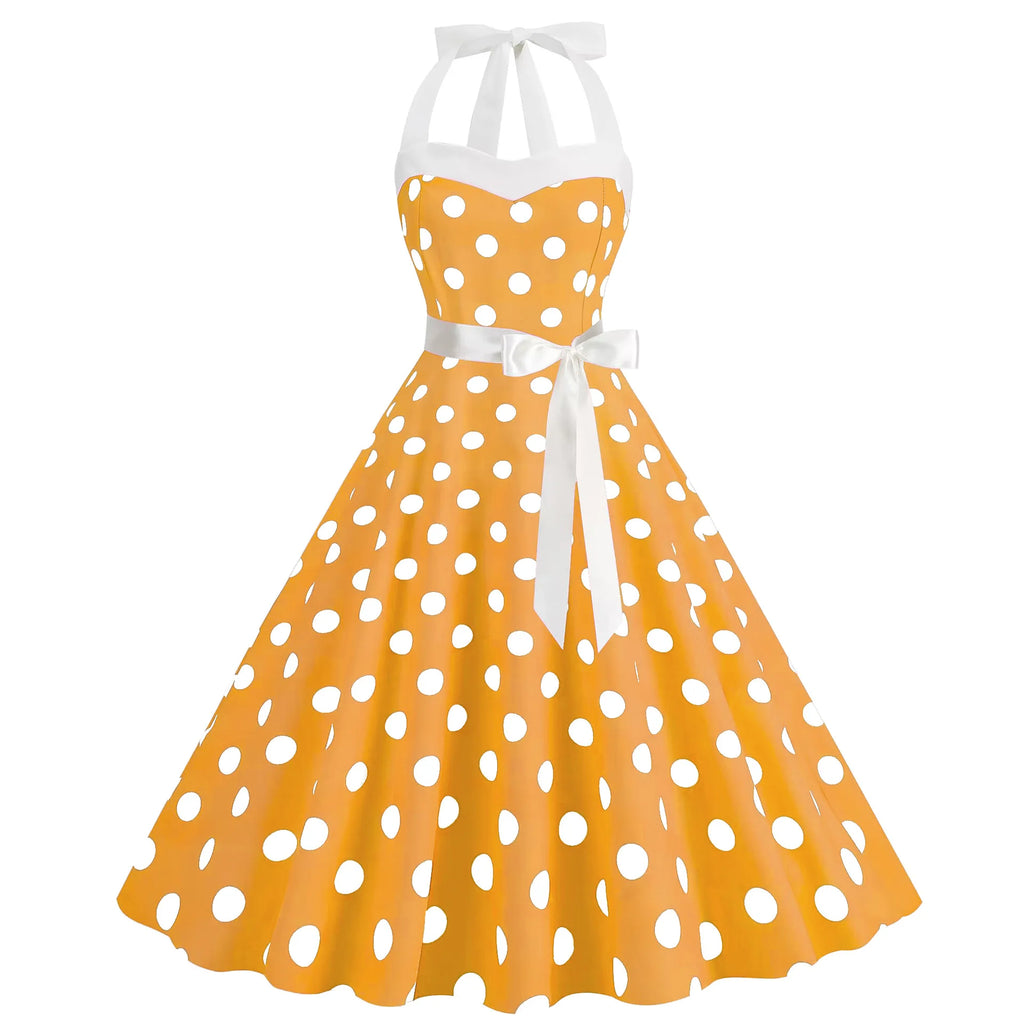 Elegant Women Pink Polka Dot Dress Summer Robe Hepburn 1950s 60s Vintage Sexy Halter Rockabilly Retro Party Dresses 2026 Vestido