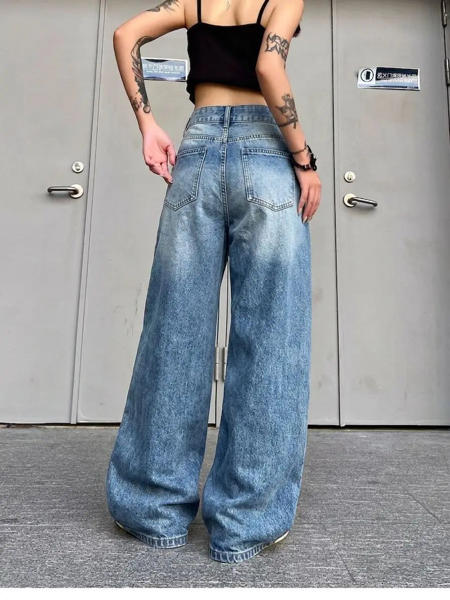 Women's Solid Color Street Style Jeans Cool Girl Bottoms Casual Wide Leg Ripped Denim Pants Female High Waist Baggy Trousers