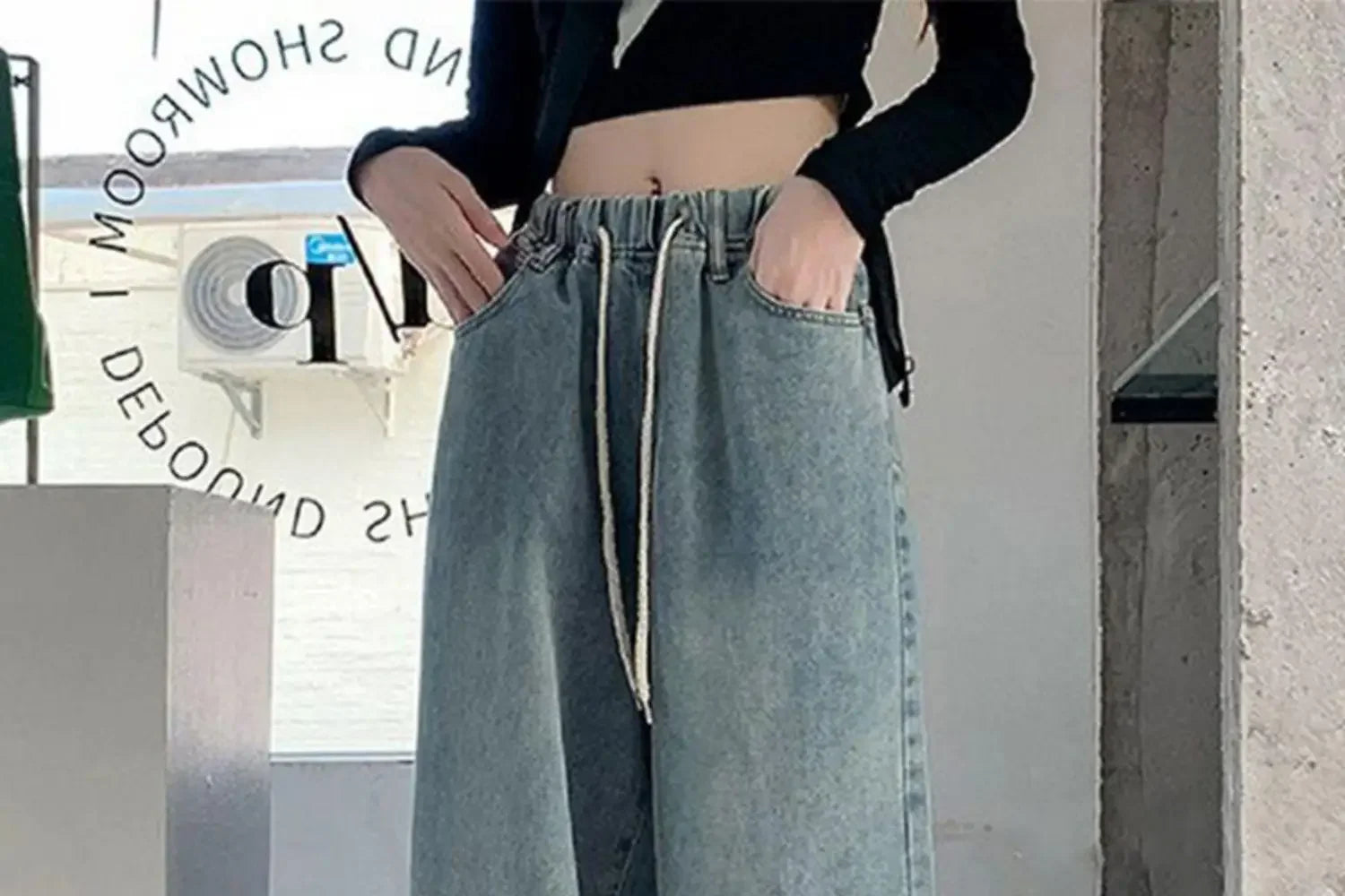 Botvotee Elastic Waist High Waist Wide Leg Jeans for Women Loose Straight Blue Long Denim Pants Female Fashion Streetwear Jeans
