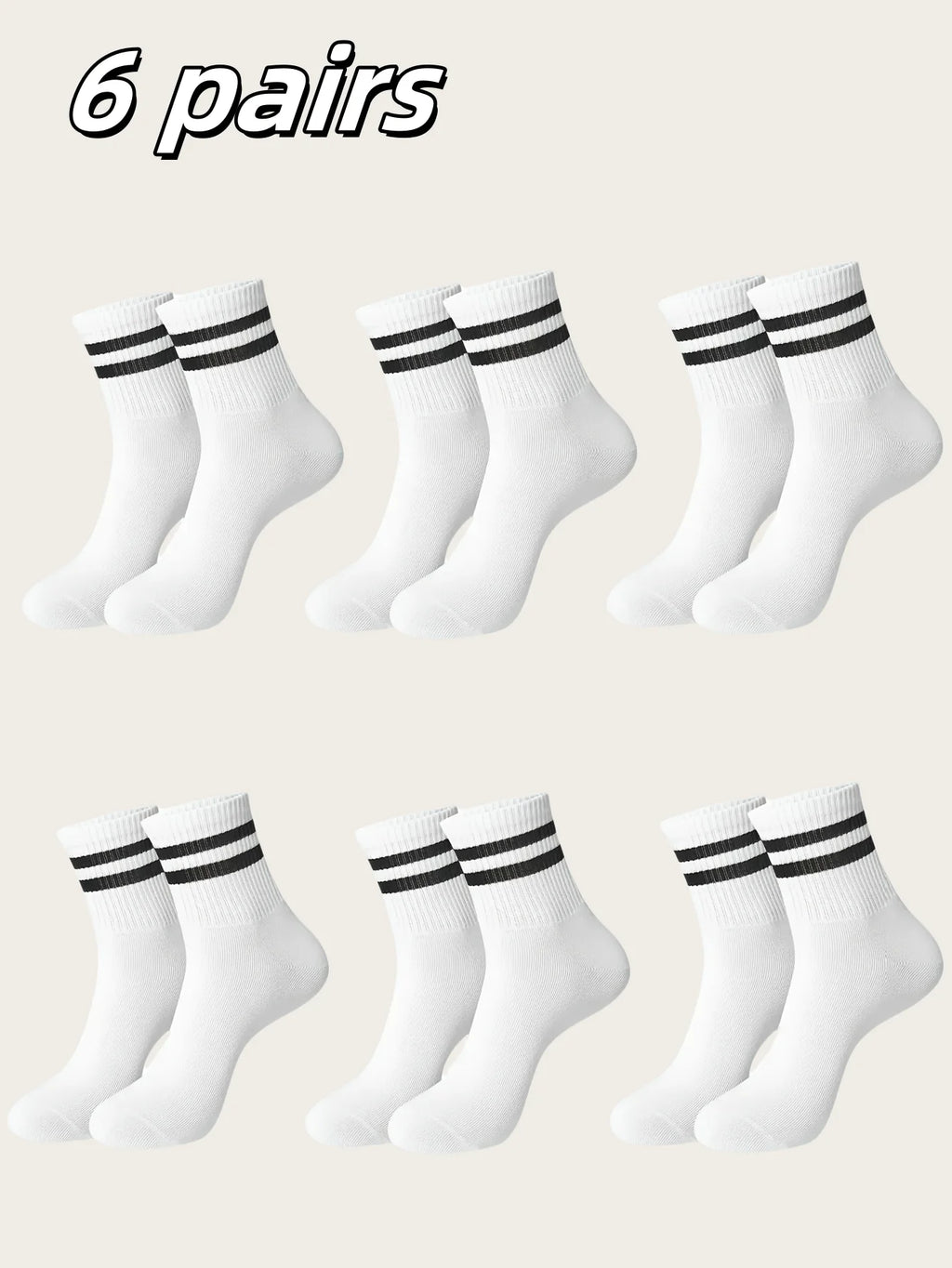 3/ 6 pairs Striped mid-calf socks, crew socks, comfortable and breathable, women's white socks, suitable for daily sports wear