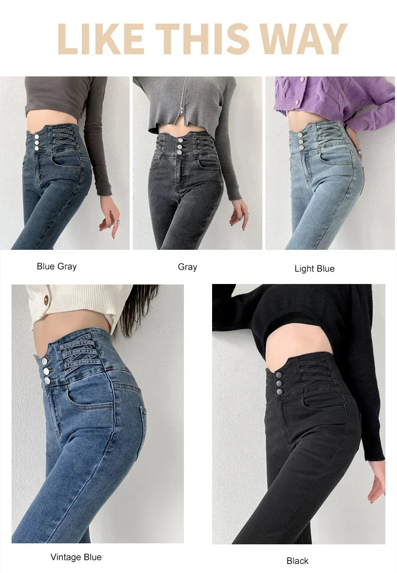 Skinny Pencil Y2K Jeans Four Buttons Vintage High Waist Women Slim Stretch Denim Pants Tight Trousers 2025 Women's Denim Pants