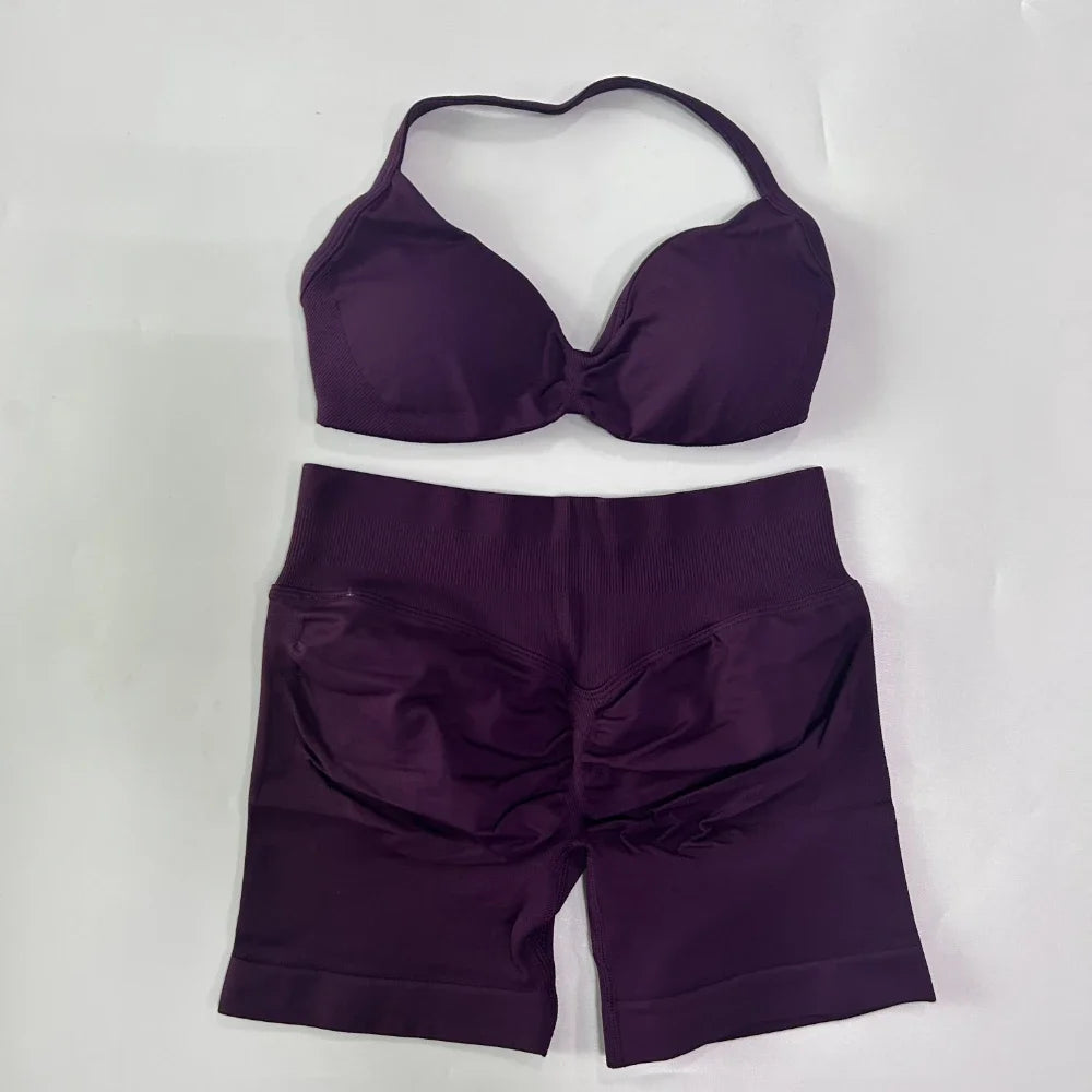 NO LOGO 2PCS Gym Set Women Strappy Yoga Bra Top High Waist Workout Scrunch Shorts Sports Suit Seamless Yoga Set Fitness Clothes