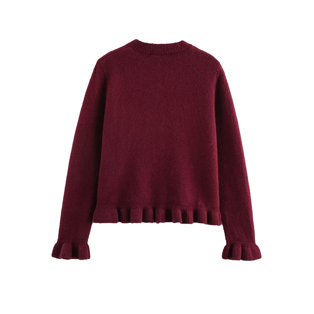 Women's Ruffled Knit Cardigan Sweater O-Neck Long Sleeve Chic Top with Front Buttons Fashion Outerwear