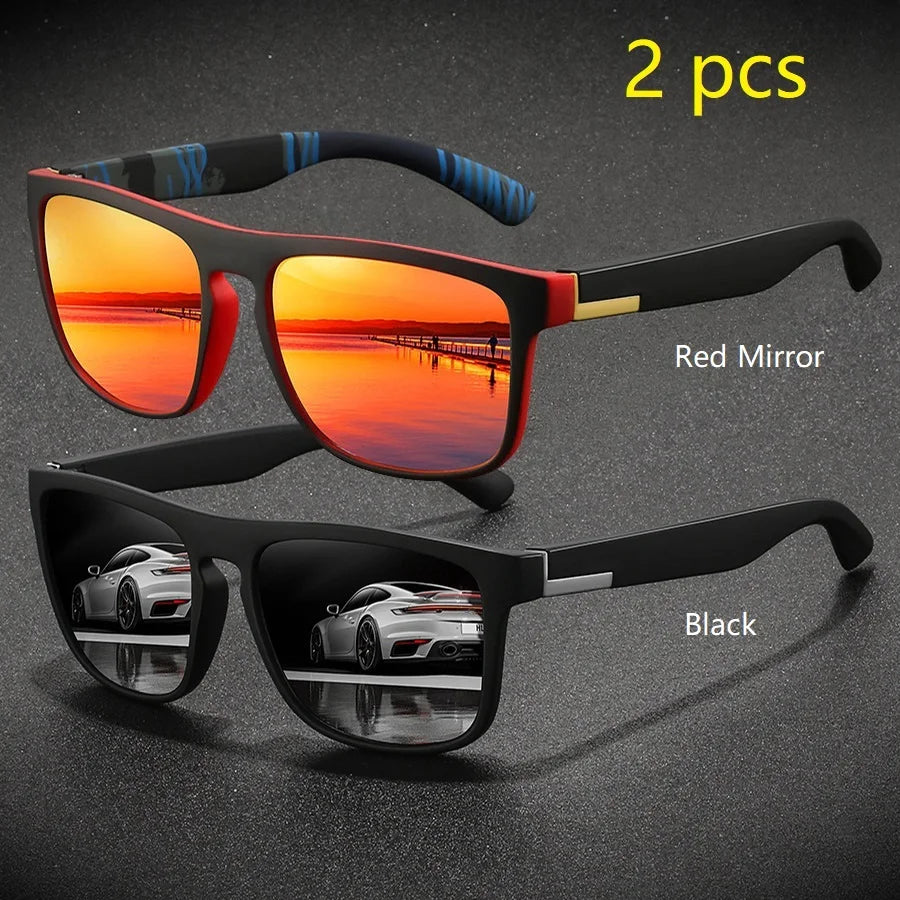 2 Pieces Fashion Vintage Square Sports Sunglasses Men Women Driving Fishing Brand Designer Sun Glasses Retro Man Eyewear UV400