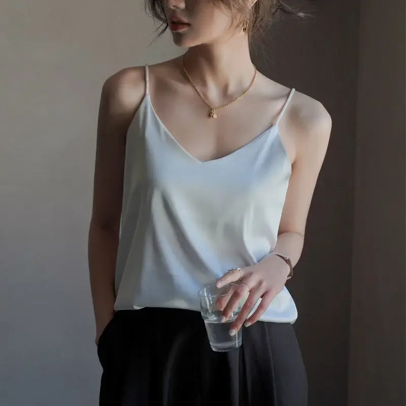 Women Halter V Neck Basic White Cami Spaghetti Strap Top Sleeveless Satin Silk 2026 Tank Tops Women'S Summer Camisole