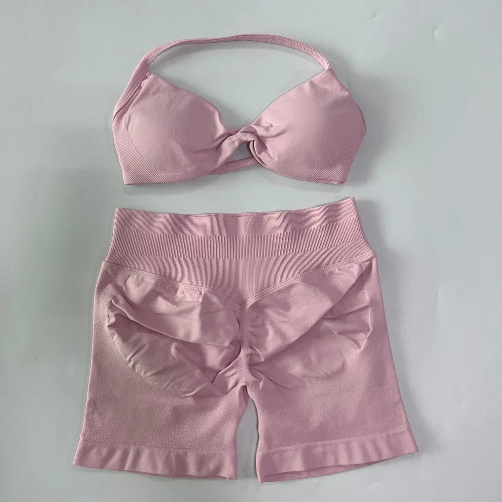 NO LOGO 2PCS Gym Set Women Strappy Yoga Bra Top High Waist Workout Scrunch Shorts Sports Suit Seamless Yoga Set Fitness Clothes
