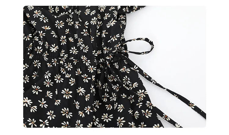 CHIC VEN New Women Dresses Long Sleeved Retro V-neck Black Floral Female Dress Elastic Waisted Lace Up Spring Summer 2026