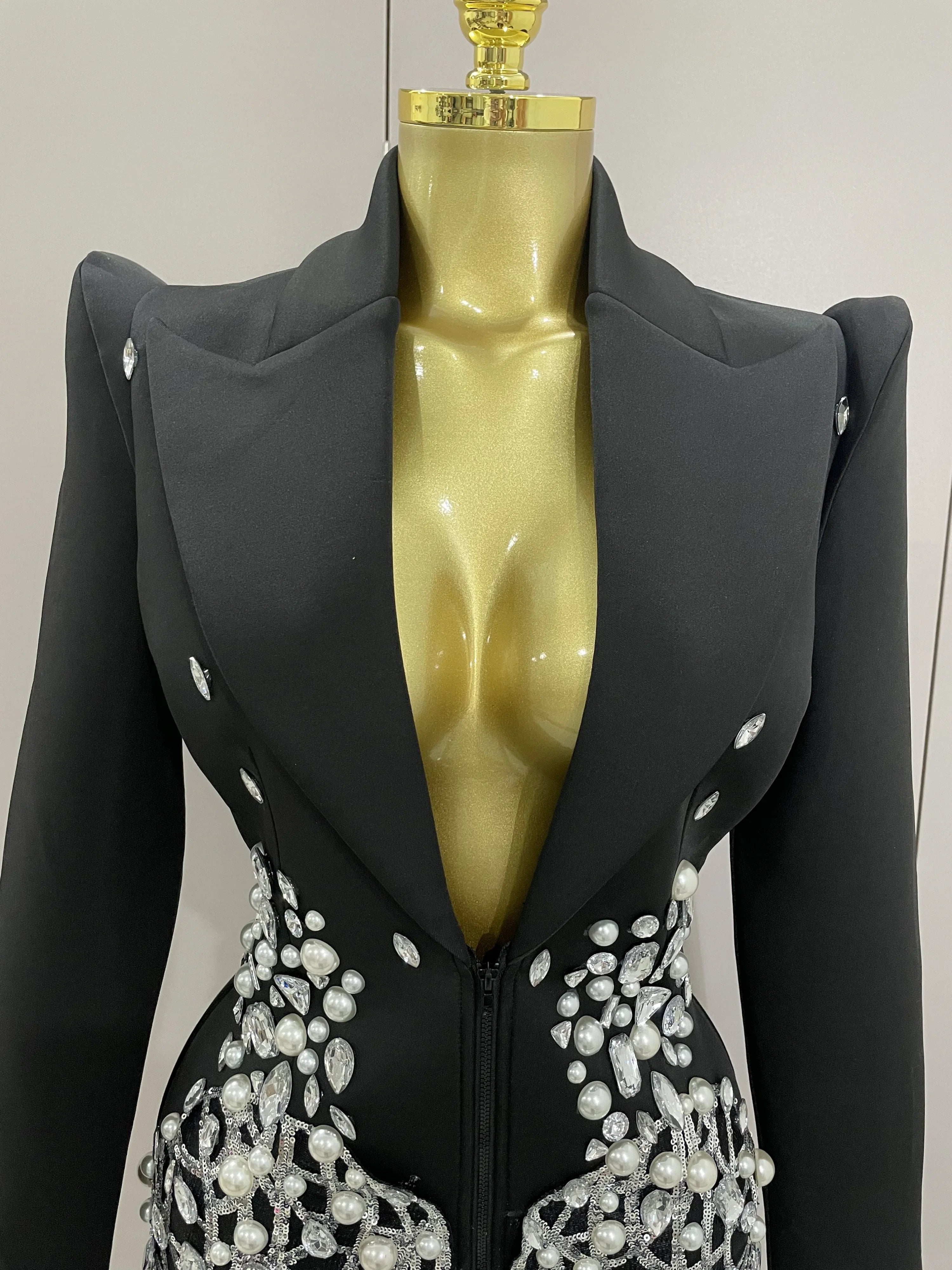 Sparkly Crystal Chains Pearls Long Sleeve Mini Dress 2025 Women Birthday Evening Party Nightclub Outfit Singer Wedding Costume
