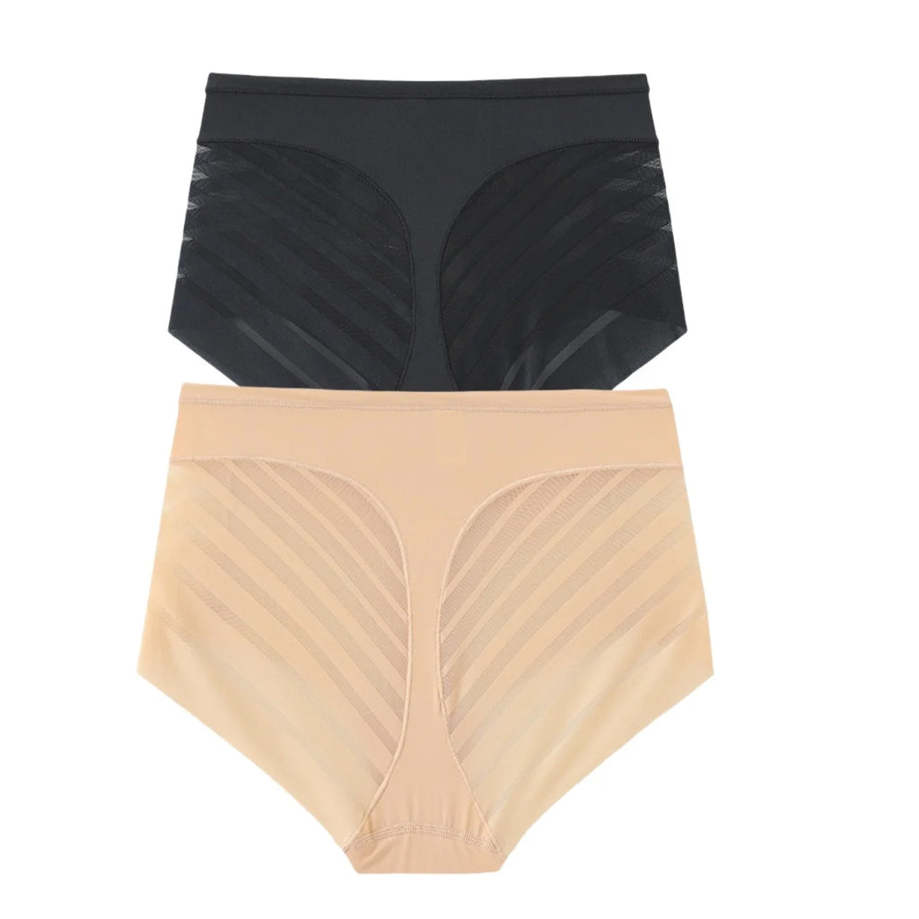 2Pcs/Set Women's Ice Silk Tummy Control Panties Mid Waist Mesh Splice Shaping Briefs Butt Lifter Slimming Soft Underwear M-3XL