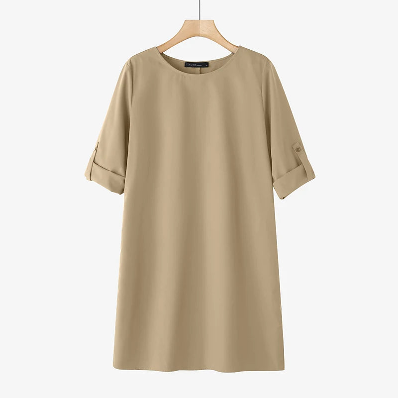 ZANZEA Elegant Women Party Dress 2026 Summer Fashion 3/4 Sleeve Casual Shirt Vestidos Pockets Loose Solid Knee-length Sundress
