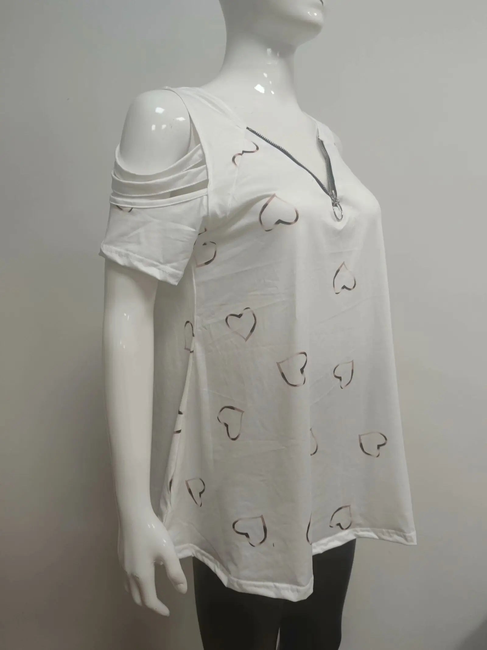 2024 Summer Women's V-Neck Zipper Printed Short Sleeve Tops Loose T-Shirts