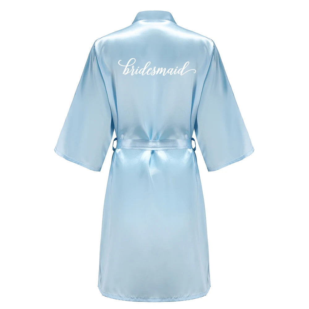 Light Blue Women's Satin Robe Short Kimono for Bride & Bridesmaid With White Letter, Wedding Party Robes